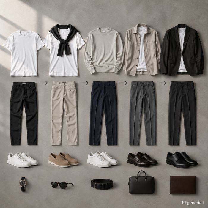 Business-Casual-Outfit aus schlichtem T-Shirt, Hose, Pullover und Schuhen in harmonisch abgestimmten Farben.