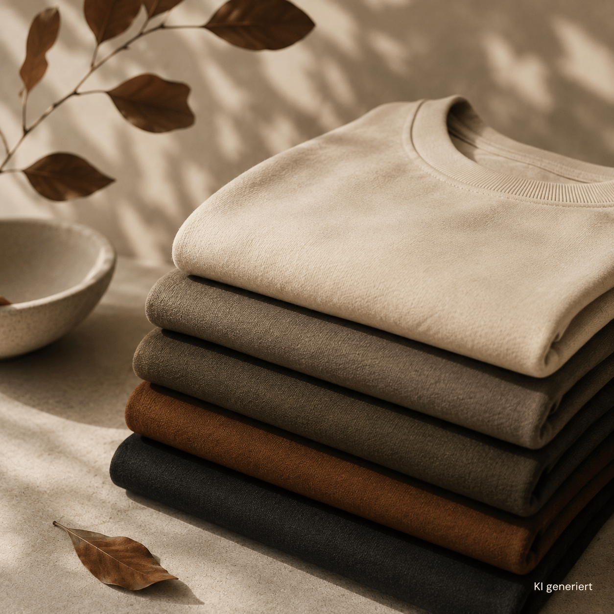 Herbst-/Winterkleidung in verschiedenen neutralen und erdigen Farben, ordentlich gefaltet auf einem Stapel – passend zum Thema Farbtrends Herbst/Winter 2026/27.