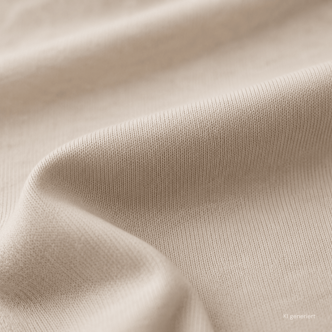 Nahaufnahme eines hellen Single-Jersey-Stoffes mit feiner, gleichmäßiger Strickstruktur und weichen Stofffalten.