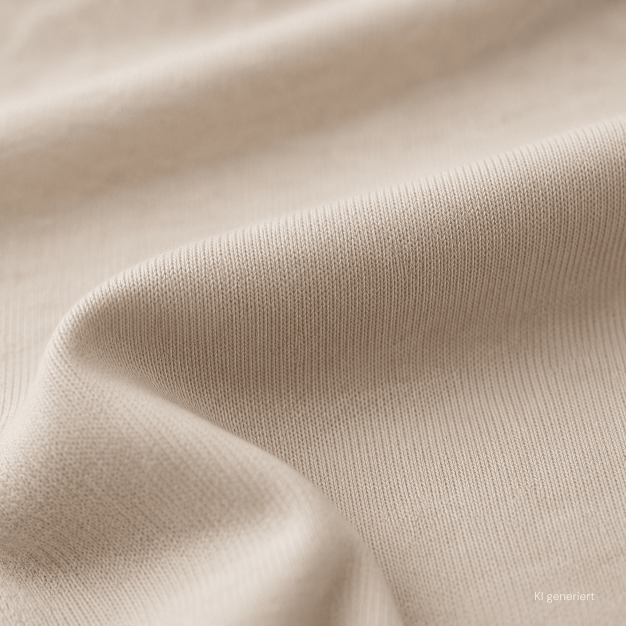 Nahaufnahme eines hellen Single-Jersey-Stoffes mit feiner, gleichmäßiger Strickstruktur und weichen Stofffalten.