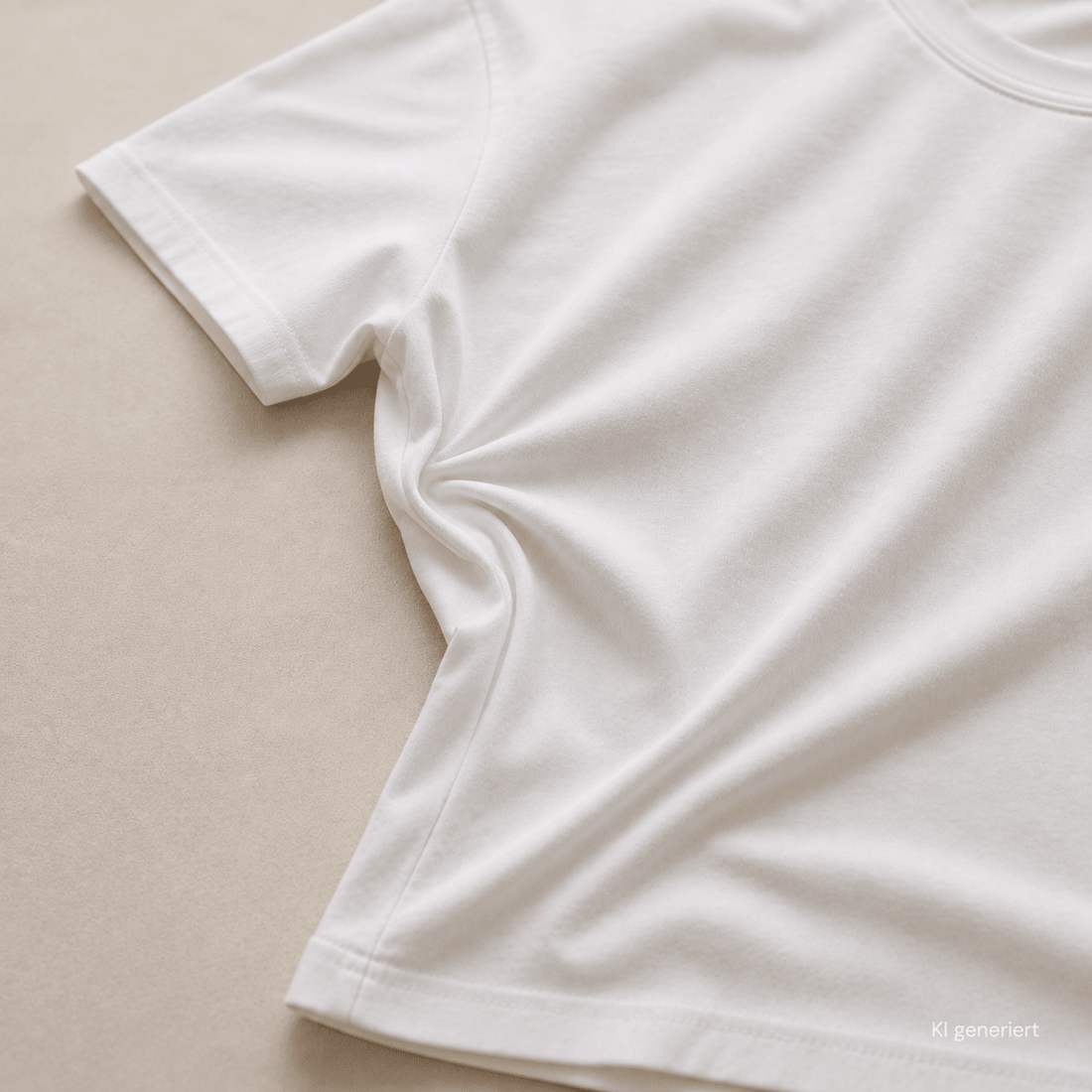 Weißes T-Shirt mit sichtbar verdrehter Seitennaht und Faltenbildung auf neutralem Hintergrund.