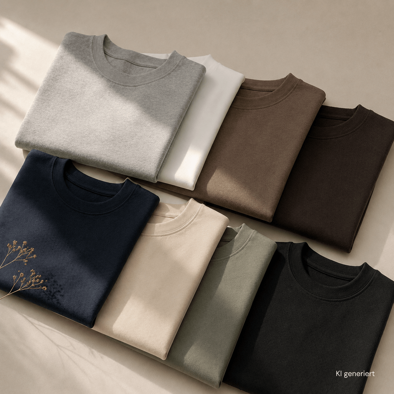 Mehrere gefaltete Basic-Shirts in neutralen und gedeckten Farben wie Weiss, Grau, Beige, Braun, Navy, Oliv und Schwarz.