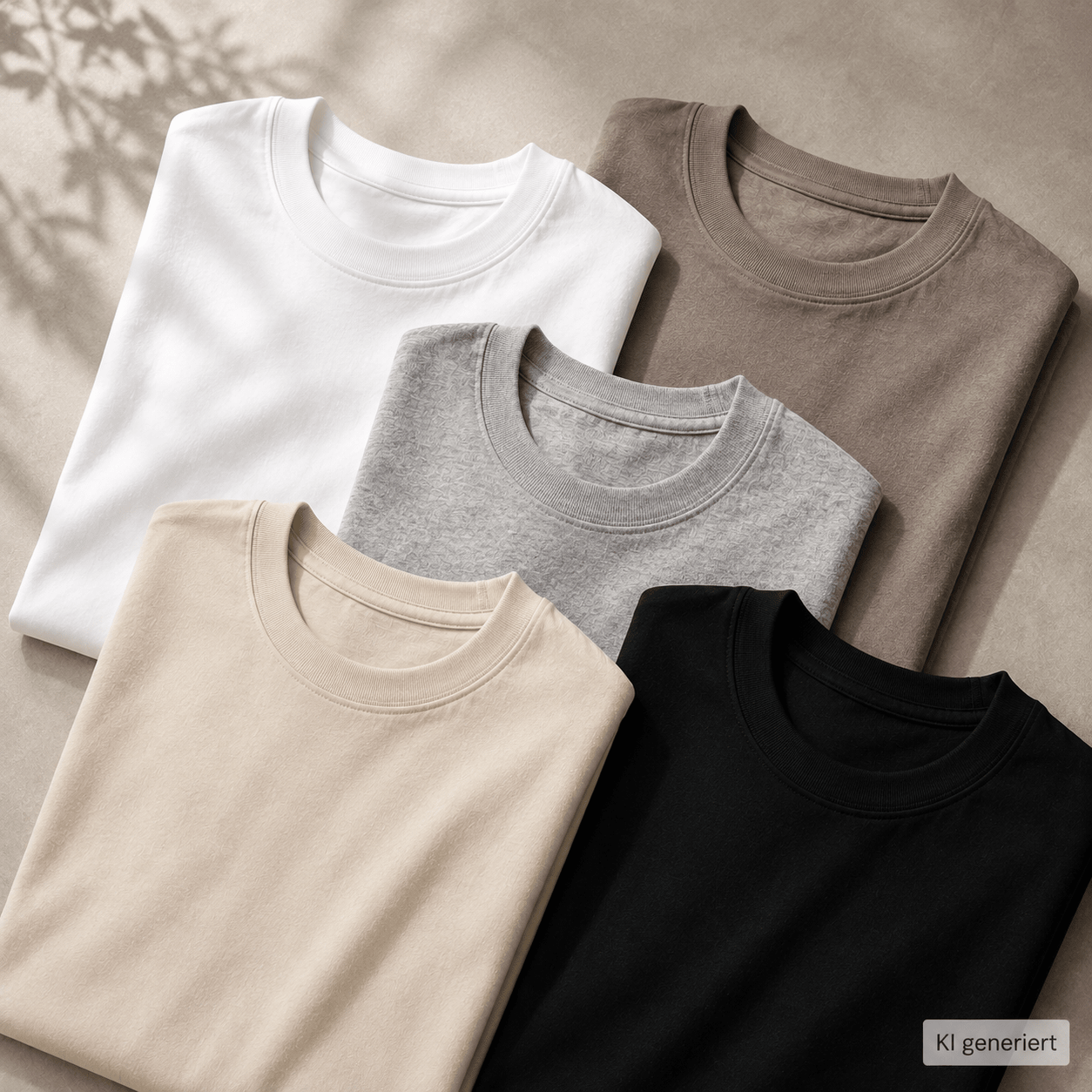 Mehrere schlichte Basic-T-Shirts in Weiß, Beige, Grau, Taupe und Schwarz ohne sichtbare Logos auf neutralem Hintergrund.
