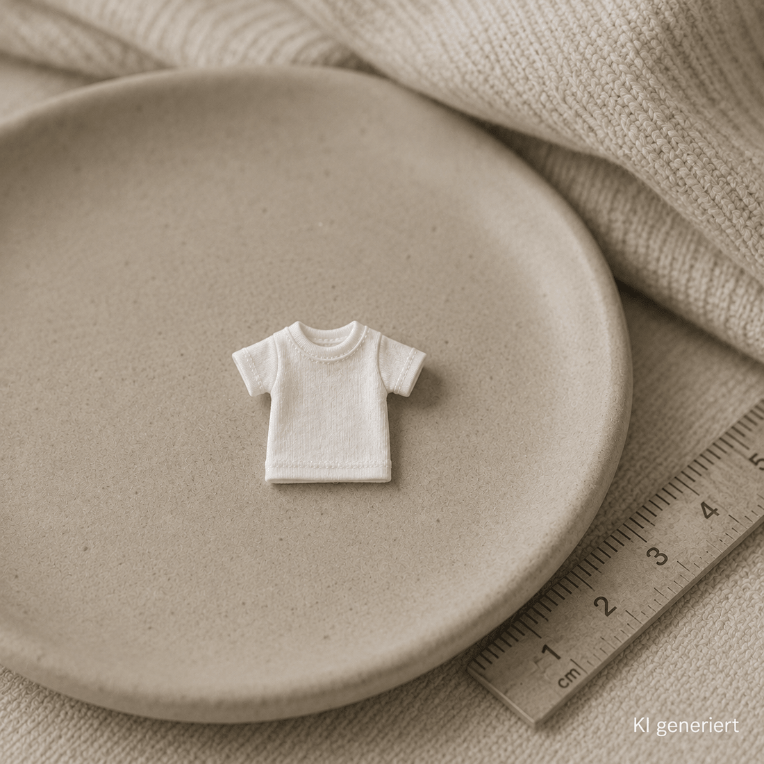 Miniatur-T-Shirt aus weißem Stoff neben einem Maßstab auf neutralem Untergrund – symbolisch für das Einlaufen von Kleidung.