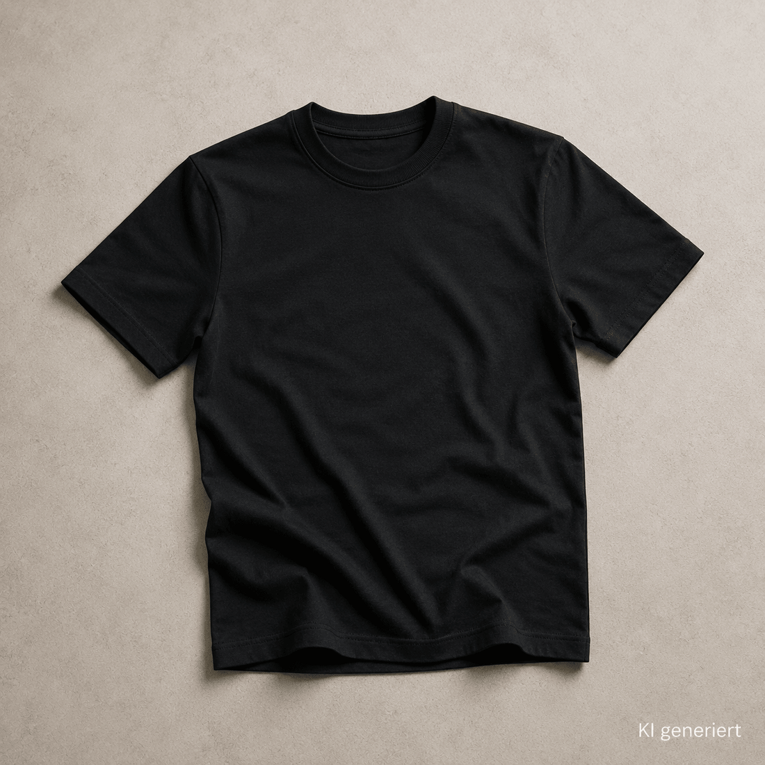 Schlichtes schwarzes Basic-T-Shirt ohne Logo auf neutralem Hintergrund.