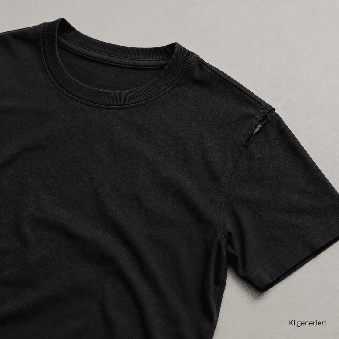 Schwarzes Basic-T-Shirt mit einem kleinen Riss an der Schulternaht auf neutralem Untergrund.
