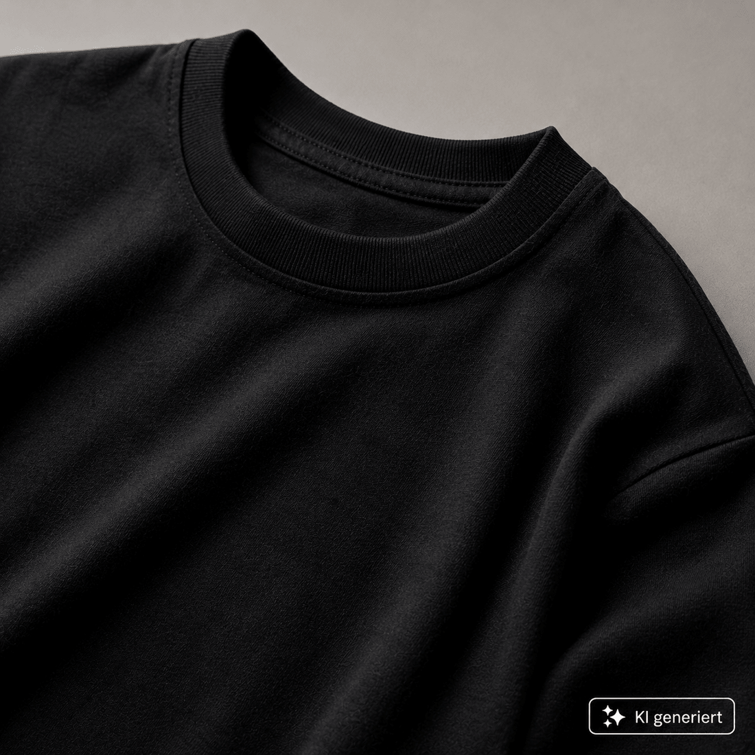 Nahaufnahme eines schweren schwarzen Baumwoll-T-Shirts mit dichter Stoffstruktur und deutlich sichtbarem, stabilem Rundhalsausschnitt.