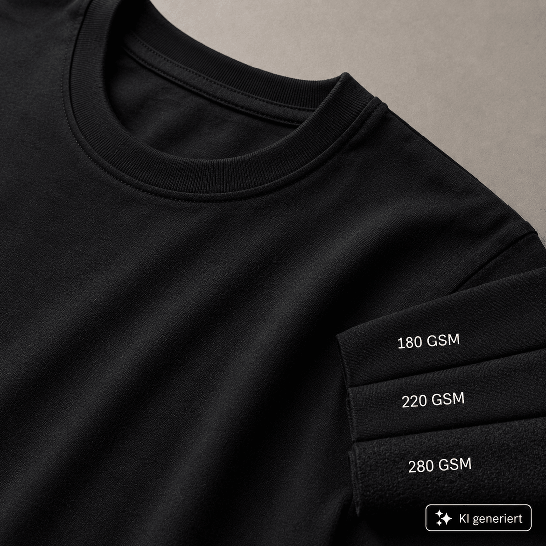 Schwarzes T-Shirt mit sichtbarer Stoffstruktur und drei unterschiedlich dicken Stofflagen zur Veranschaulichung von GSM bei Kleidung.