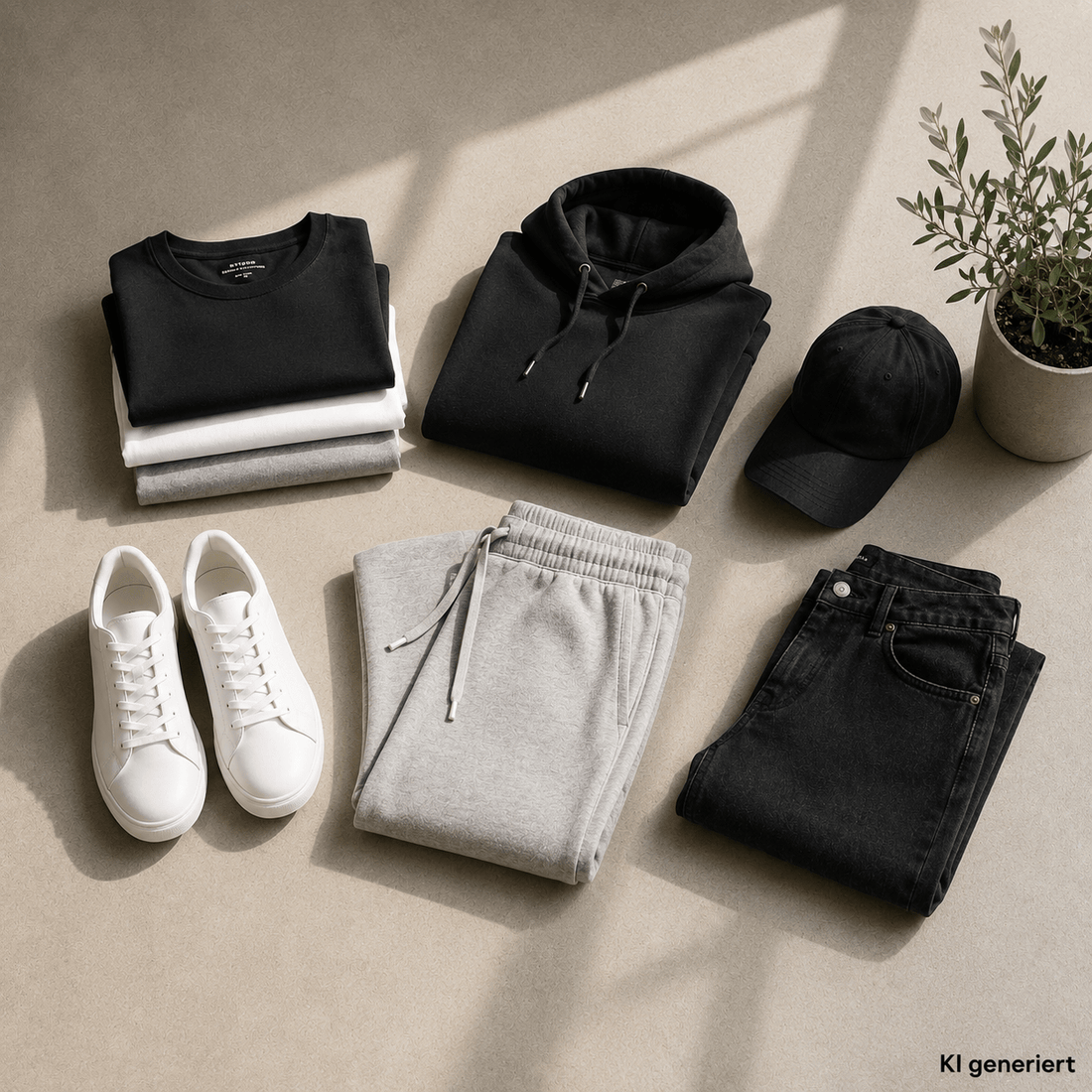 Minimalistische Kombination aus schwarzen, weißen und grauen Basics mit T-Shirts, Hoodie, Jogginghose, Jeans, Sneakern und Cap auf neutralem Untergrund.