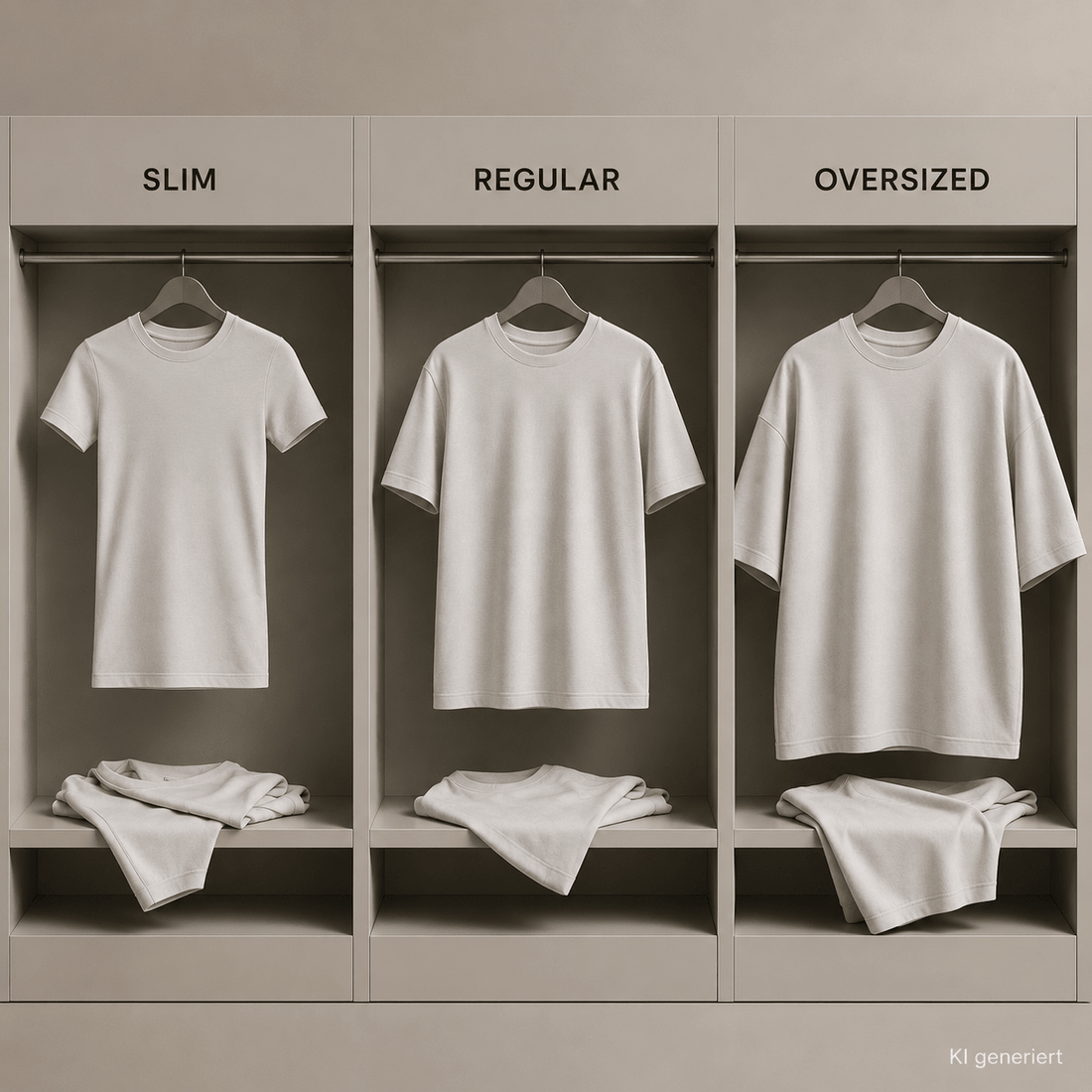 Drei T-Shirts in den Passformen Slim, Regular und Oversized hängen nebeneinander in minimalistischen Kleiderschränken.