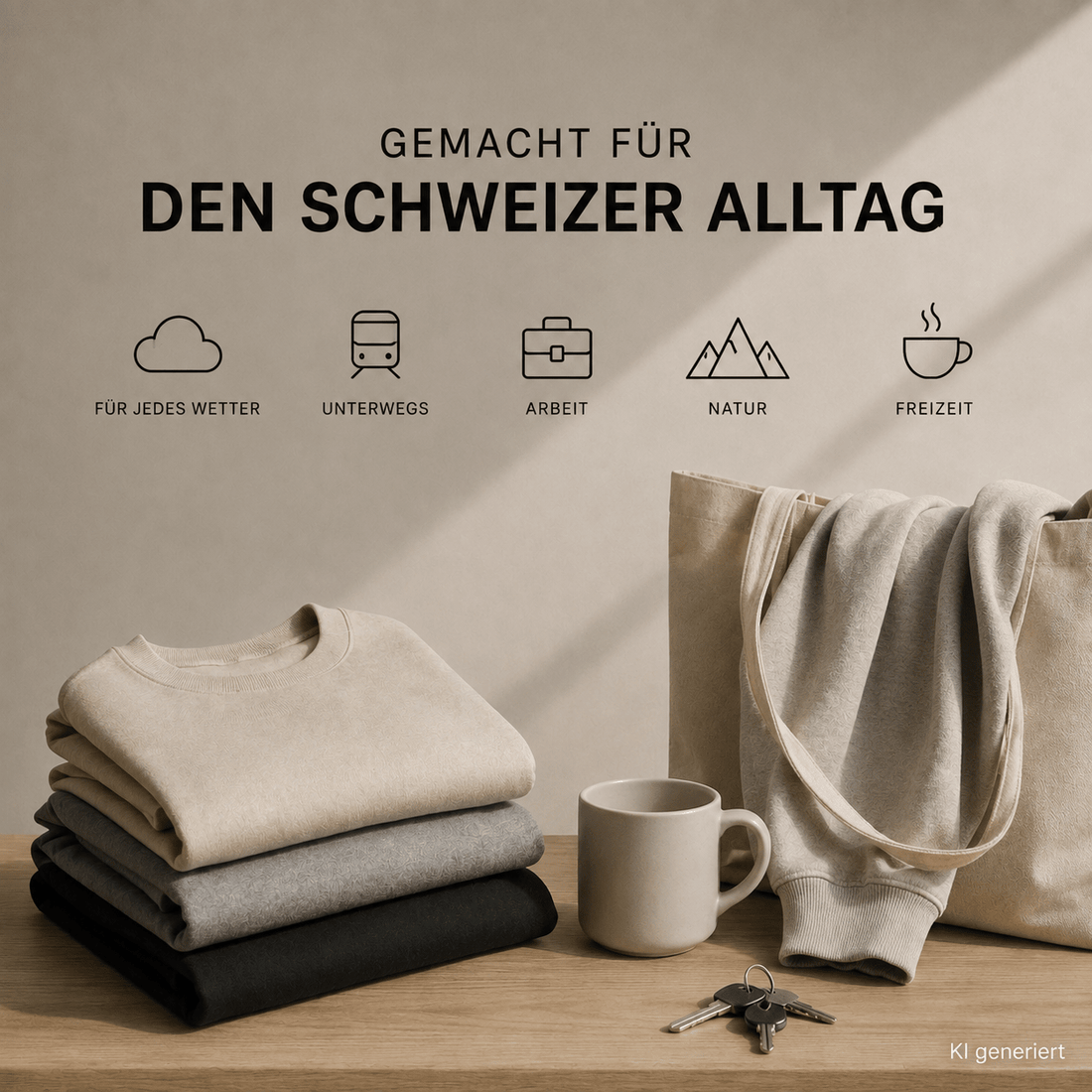 Neutrale Basics mit gefalteten Kleidungsstücken, Hoodie, Tragetasche und Kaffeetasse auf einem Holztisch unter dem Titel „Gemacht für den Schweizer Alltag“