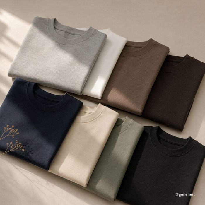 Mehrere gefaltete Basic-Shirts in neutralen und gedeckten Farben wie Weiss, Grau, Beige, Braun, Navy, Oliv und Schwarz.