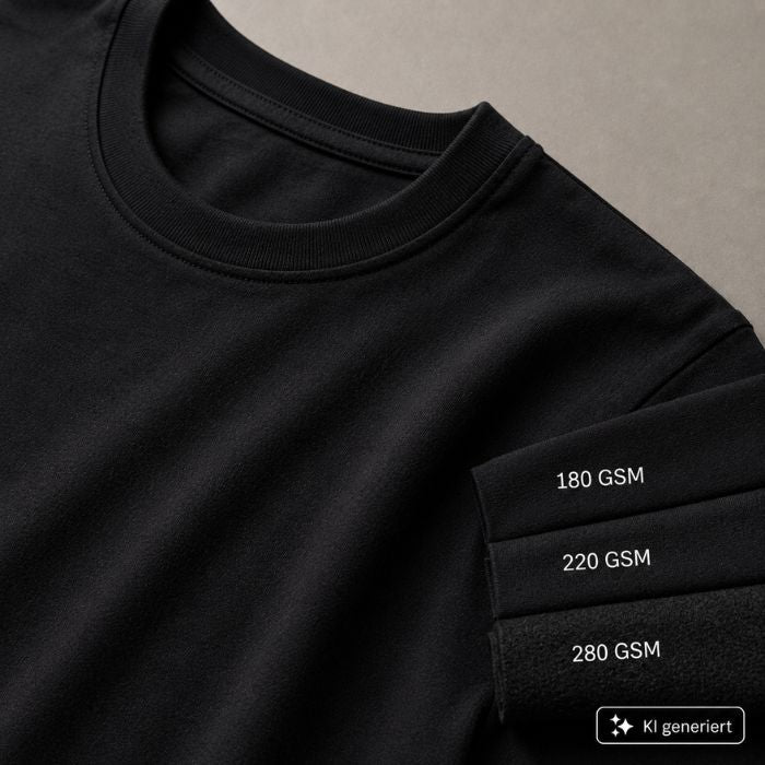 Schwarzes T-Shirt mit sichtbarer Stoffstruktur und drei unterschiedlich dicken Stofflagen zur Veranschaulichung von GSM bei Kleidung.