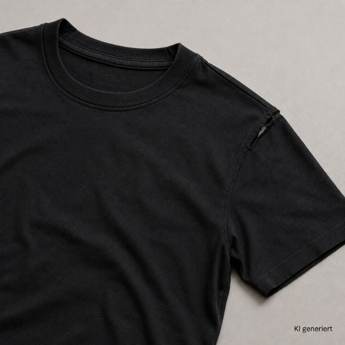 Schwarzes Basic-T-Shirt mit einem kleinen Riss an der Schulternaht auf neutralem Untergrund.