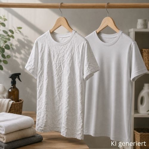 Zwei T-Shirts auf Kleiderbügeln, eines zerknittert und eines glatt, als Vergleich für das Glätten von T-Shirts ohne Bügeln.