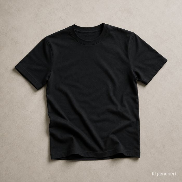 Schlichtes schwarzes Basic-T-Shirt ohne Logo auf neutralem Hintergrund.