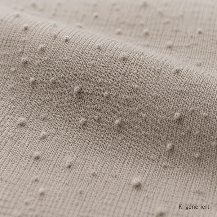Nahaufnahme eines beige-grauen Stoffes mit deutlich sichtbaren kleinen Knötchen und Faserbällchen durch Pilling.