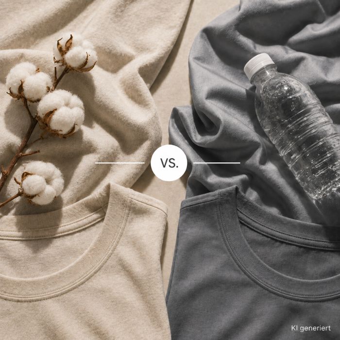 Links Eine Baumwollblüte auf einem Beigen Pullover in der mitte ein versus Zeichen und rechts eine Plastikflasche auf einem grauen Pullover