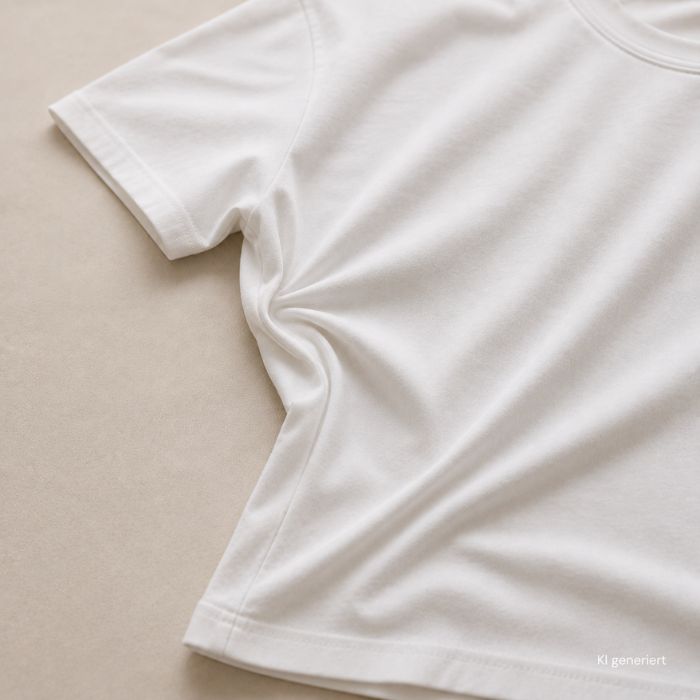 Weißes T-Shirt mit sichtbar verdrehter Seitennaht und Faltenbildung auf neutralem Hintergrund.