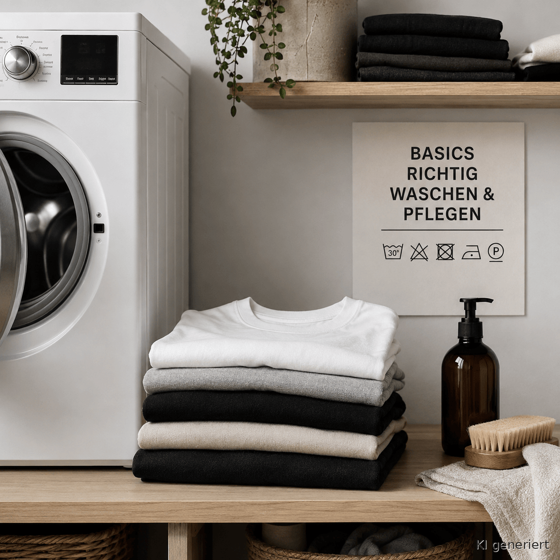 Gefaltete Basic-Kleidung in einer minimalistischen Waschküche mit Waschmaschine und Pflegeutensilien